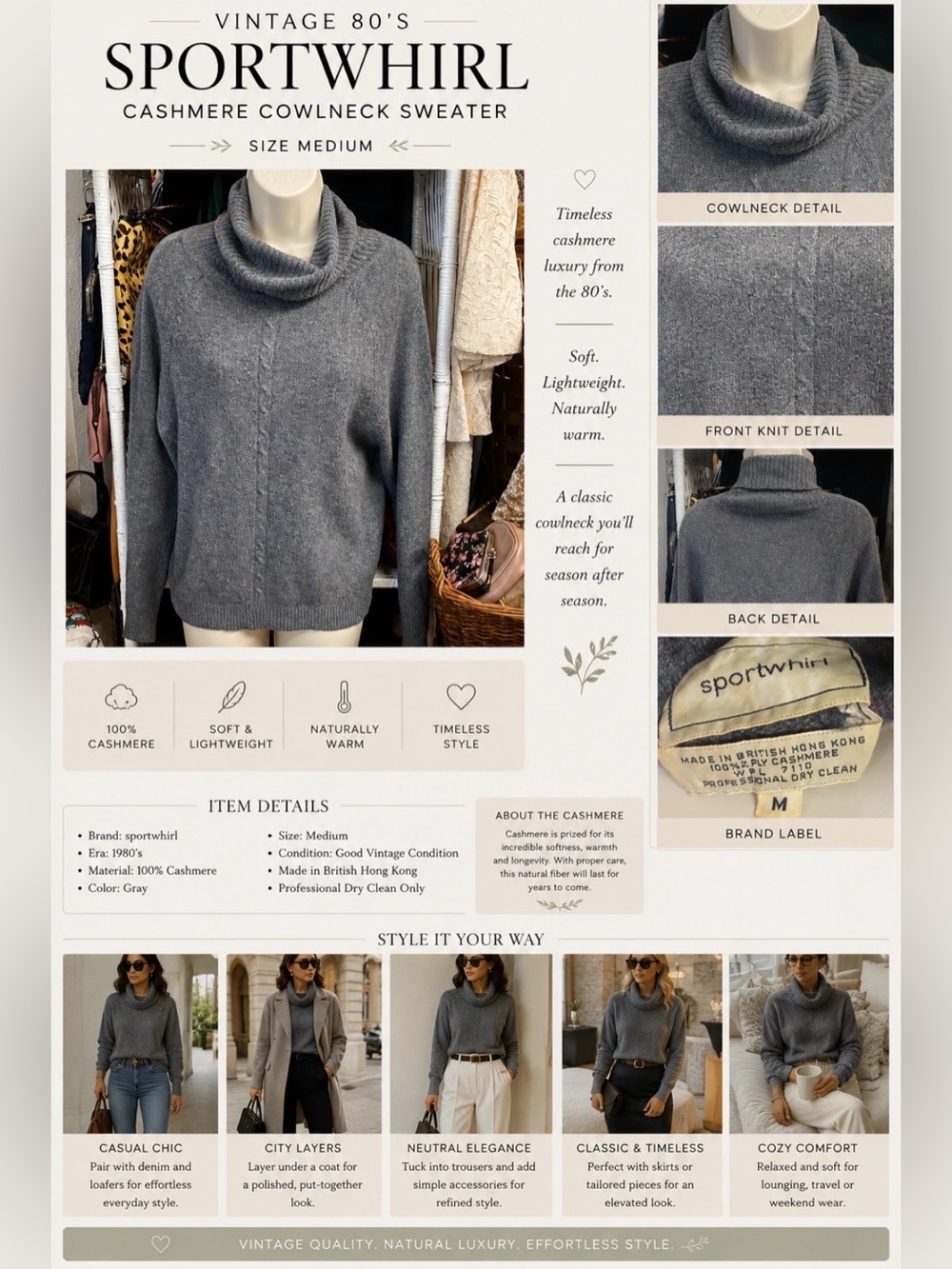 Vintage 80’s by Sportwhirl-Charcoal - 100% cashmere Cowl Neck Sweater